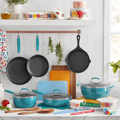 38-Piece Cookware Set, Teal Complete Kitchen Solution with Floral Design