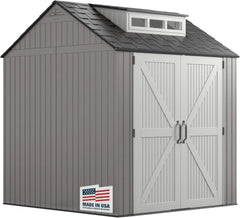 Resin Outdoor Storage Shed With Floor (7 x 7 Ft) Weather Resistant Gray Organization for Home/Backyard/Garden Tools/Lawn Mower/Bike Storage/Pool Supplies