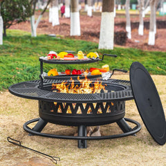 47 Inch Fire Pit with 2 Grills, Outdoor Extra Large Firepits for Outside, Wood Burning Fireplace for Camping,Picnic,Bonfire, 3-in-1 Round Metal Table with Lid for Backyard,Patio,Party