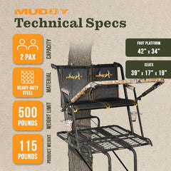 Ladder Tree Stand, 20ft, 500lb Capacity, 2-Person