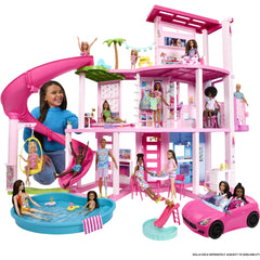 Dollhouse Pool Party Playset with 3-Story Slide, 75+ Pieces, and Pet-Friendly Features
