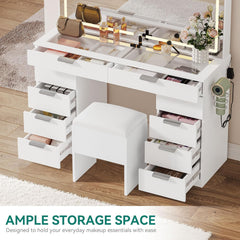 Vanity Set with LED Mirror, 10 Drawers, Stool Included