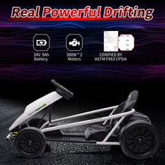 24V Electric Go-Kart for Kids Ages 8-12, Dual 300W Motors, 9Ah Battery