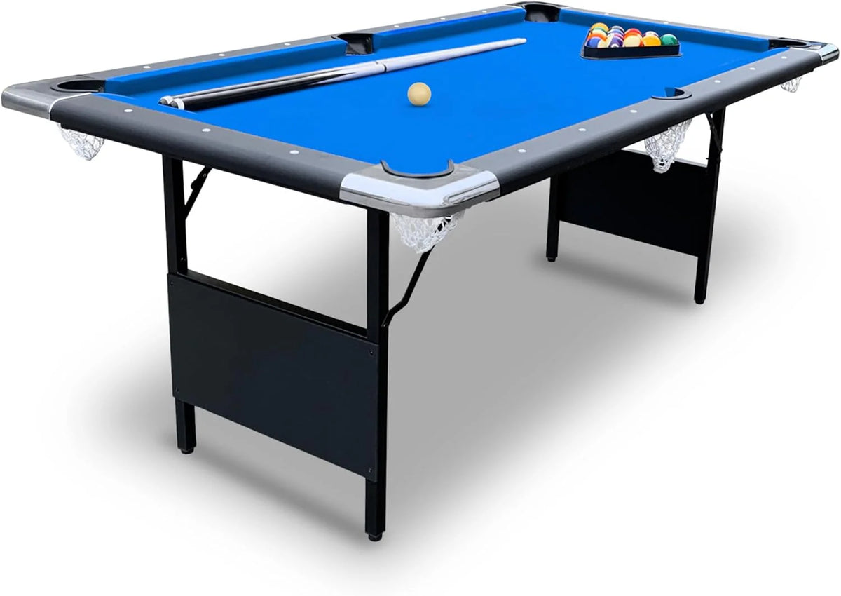 6 Ft Portable Pool Table, Adults Folding Billiards Tables for Game Room with Easy Foldable Storage, Includes Full Set of Billiard Balls, Cues, Chalk & Brush - bil870151