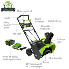 40V 20-Inch Cordless Brushless Snow Blower with 4.0 Ah Battery & Charger, LED Lights, 180° Chute