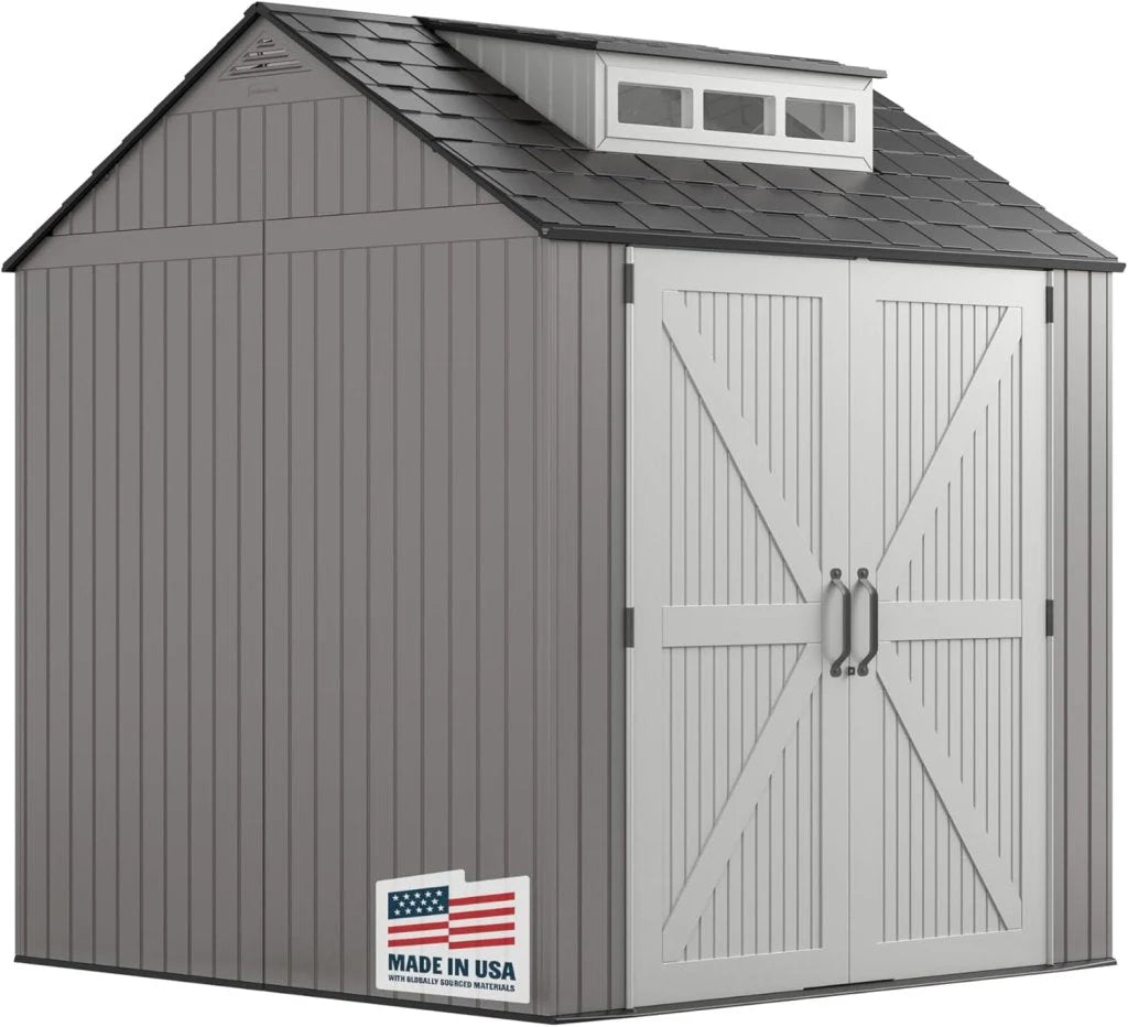 Resin Outdoor Storage Shed With Floor (7 x 7 Ft) Weather Resistant Gray Organization for Home/Backyard/Garden Tools/Lawn Mower/Bike Storage/Pool Supplies
