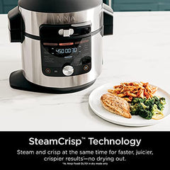 OL701 14 in 1 SMART XL 8 Qt. Pressure Cooker Steam Fryer with SmartLid & Thermometer Auto Steam Release, that Air Fries, Proofs & More, 3 Layer Capacity, 5 Qt. Crisp Basket, Silver/Black