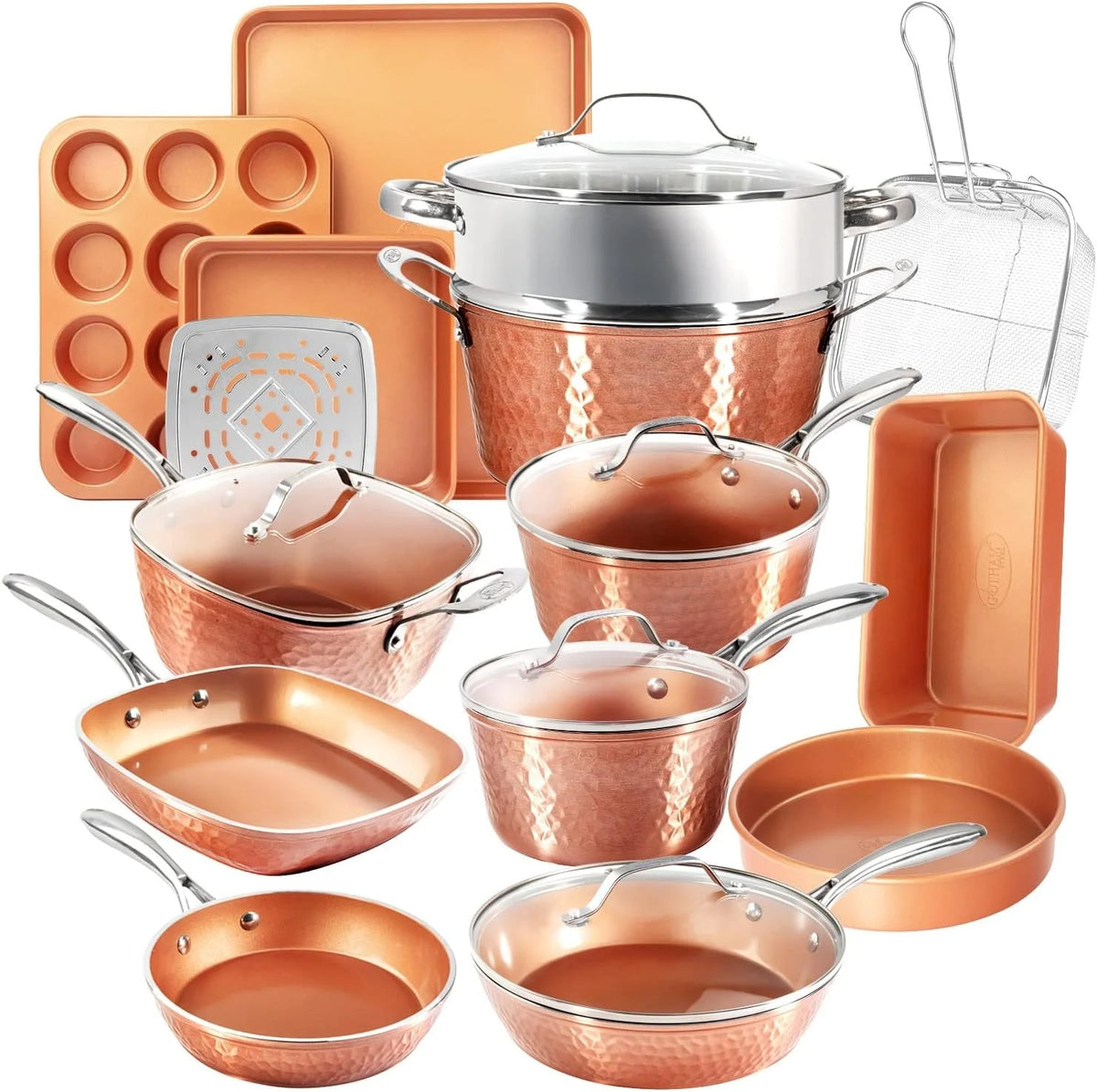 Hammered Copper 20 Pc Ceramic Cookware Set Nonstick, True Ceramic Pots and Pans Set Non Stick with Deep Square Pan Set & Bakeware Set, Non Toxic Free, Oven & Dishwasher Safe