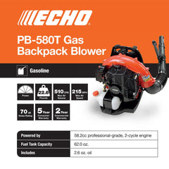 58.2cc Gas Backpack Leaf Blower, 216 MPH, 517 CFM, 2-Stroke Engine, Tube Throttle