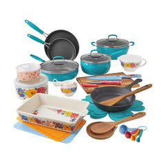 38-Piece Cookware Set, Teal Complete Kitchen Solution with Floral Design