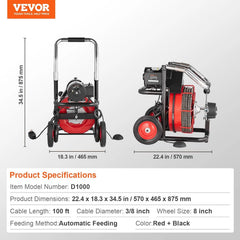 Drain Cleaner Machine 100FT x 1/2 Inch, Auto Feed Sewer Snake Auger on Wheels, 550W Portable Drain Cleaning Machine with 8 Cutters & Air-activated Foot for 2" to 4" Pipes