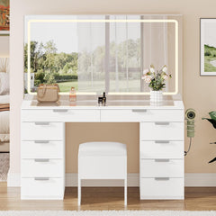 Vanity Set with LED Mirror, 10 Drawers, Stool Included